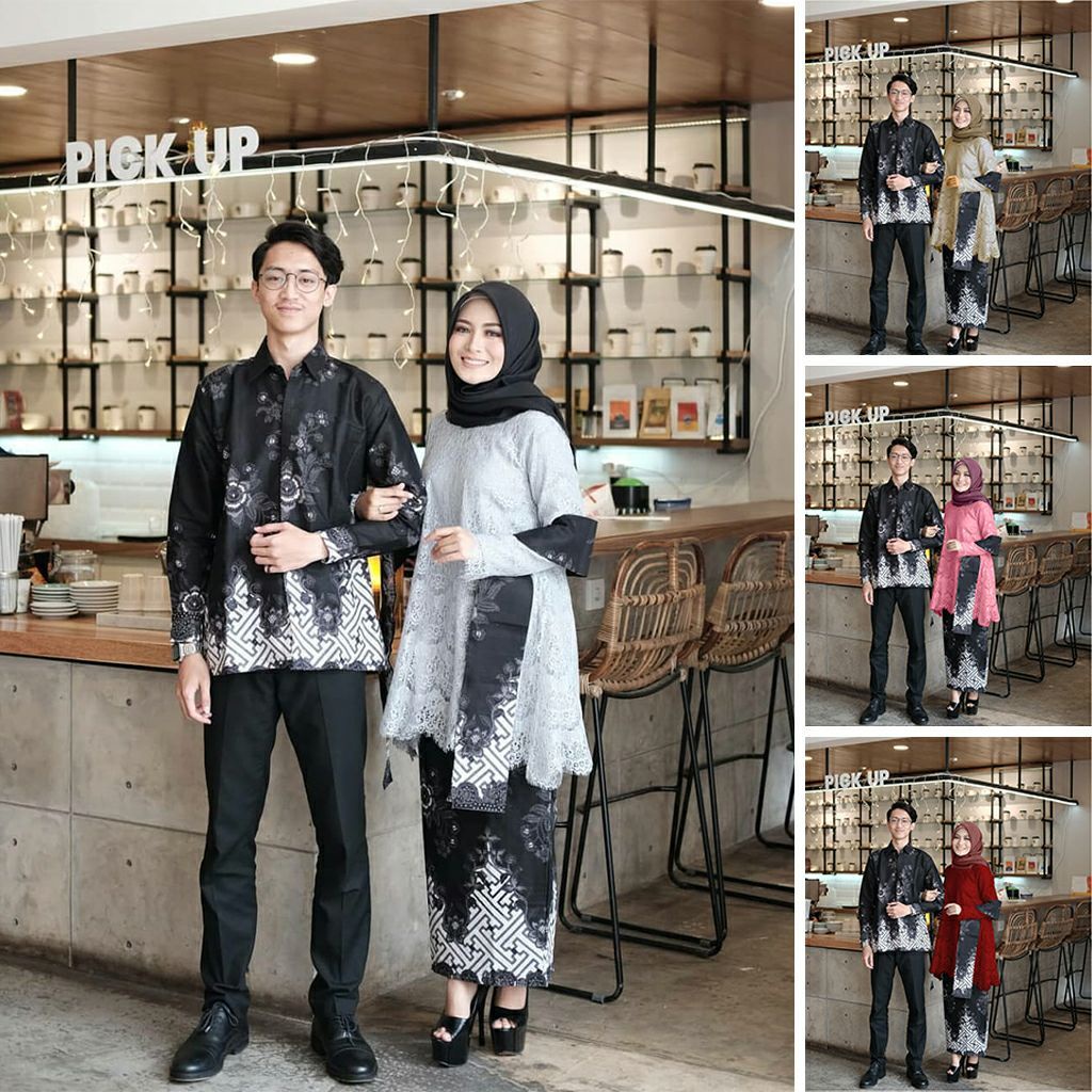 Batik Couple Sarimbit Batik Set Kebaya Modern Brokat Tille Furing Satin Kemeja Pria Lengan Panjang