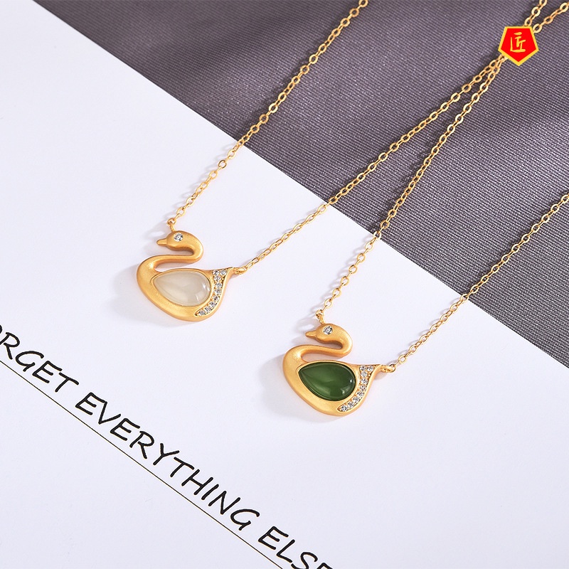 [Ready Stock]Swan-Shaped Hetian Jade Golden Pendant Necklace for Women Elegant All-Match