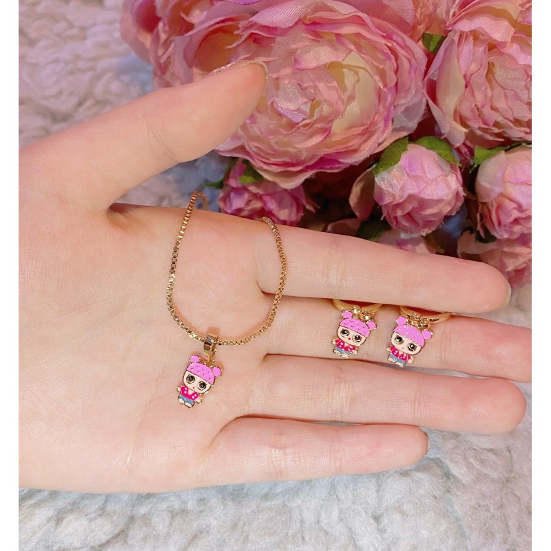 Set Perhiasan Anak Pink Bubble LOL (Kalung + Sepasang Anting)