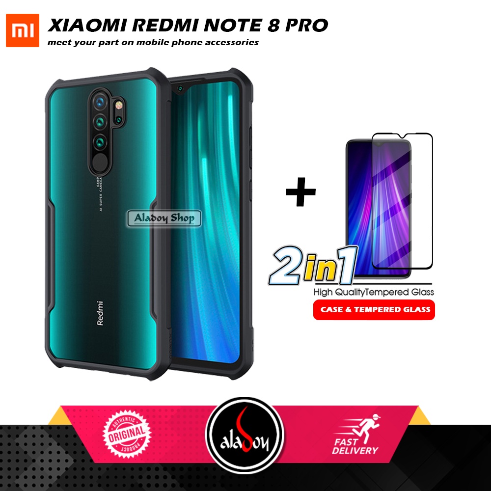 PAKET 2 IN 1 Case Xiaomi Redmi Note 8 Pro Armor Fusion Transparent Prmium Casing Free Tempered Glass