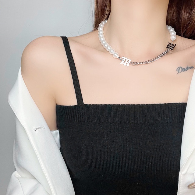 Kalung Titanium Steel Mutiara Korea Perak Choker Unisex