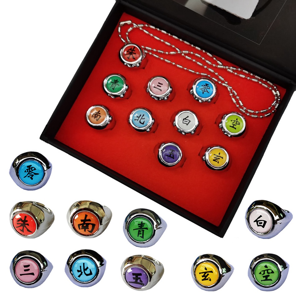 10pcs / Set Cincin Cosplay Naruto Akatsuki Uchiha Sasori Itachi Sharingan Dapat Disesuaikan Dengan Kotak Hadiah Untuk Pria Dan Wanita