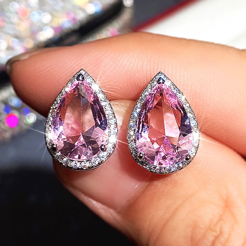 Fancyqube Anting Stud Bentuk Water Drop Warna Pink Untuk Wanita