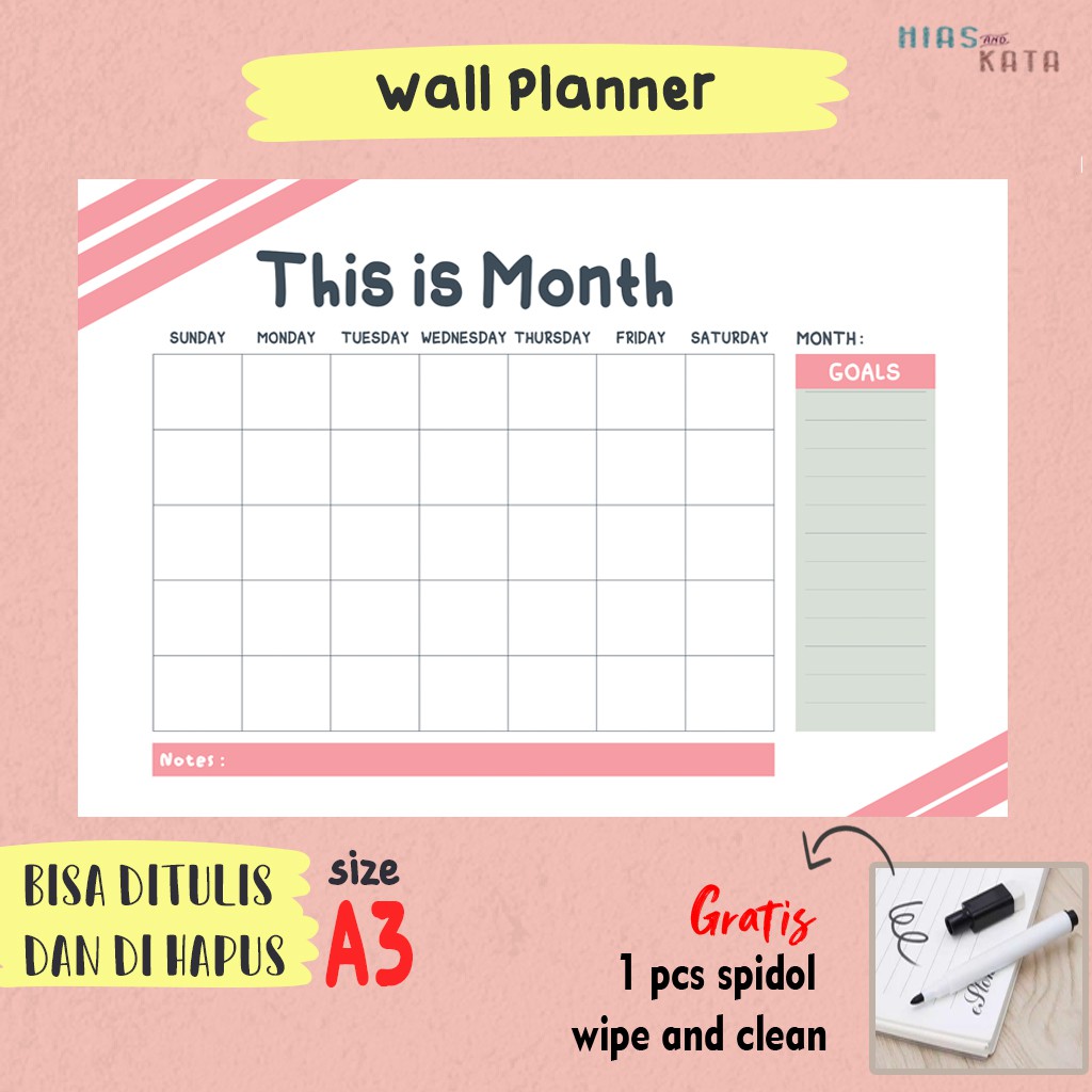 

Planner Dinding monthly planner montly planner note & goal list simple free 1pcs spidol wipe & clean