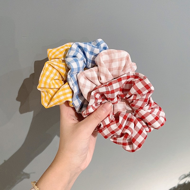 SALE !! VANILLESHOP - Ikat Rambut Scrunchie Elastis Motif Kotak Garis Bahan Katun Gaya Korea Isi 3 Pcs