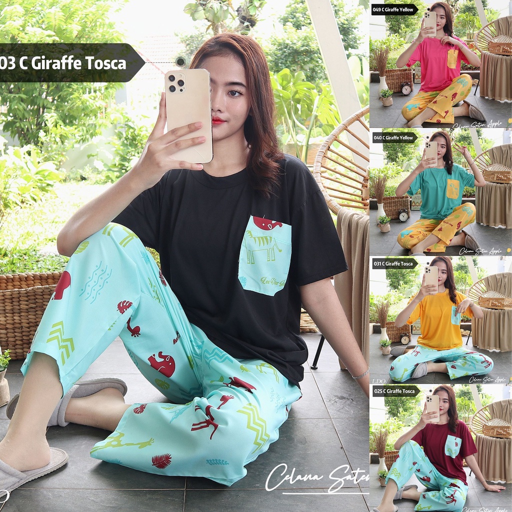 IZANY Piyama Dewasa CP Oblong Kaos Celana Panjang Saten apple Allsize