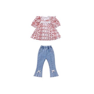 (LOLI-JKT) BS-236 SET ANAK CEWEK CLASSICAL LACE EMBROIDERED TOP + SPLIT DENIM SIZE 100-140