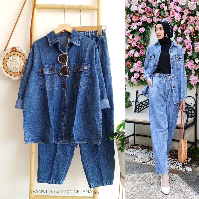 One Set Jeans Wanita Setelan Baju Celana