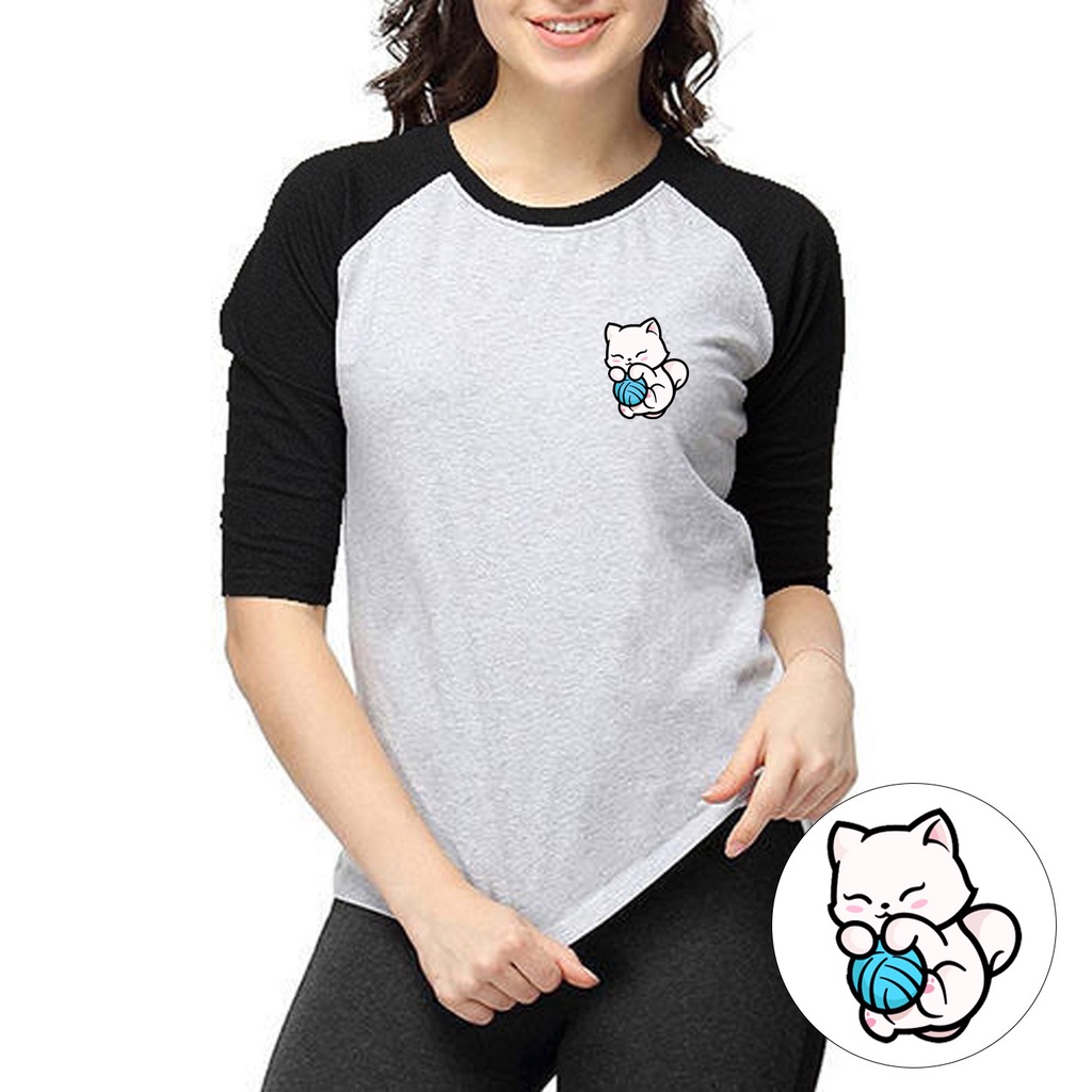 Kaos Raglan Wanita Lengan 3/4 Kucing Putih Wol Lucu