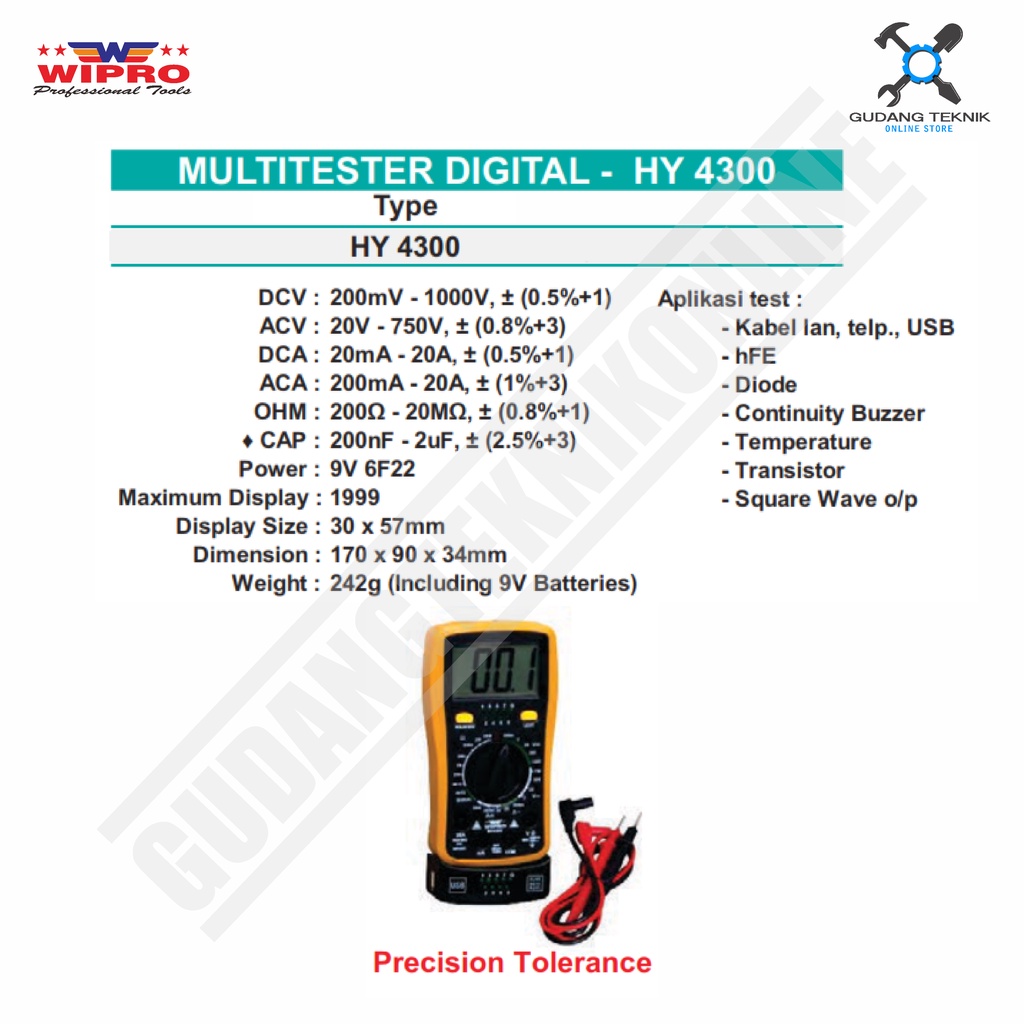 Alat Ukur Arus Listrik DIGITAL Kabel Tester WIPRO HY-4300 / Multitester Multimeter Avometer DIGITAL WIPRO HY 4300 - HY4300 WIPRO