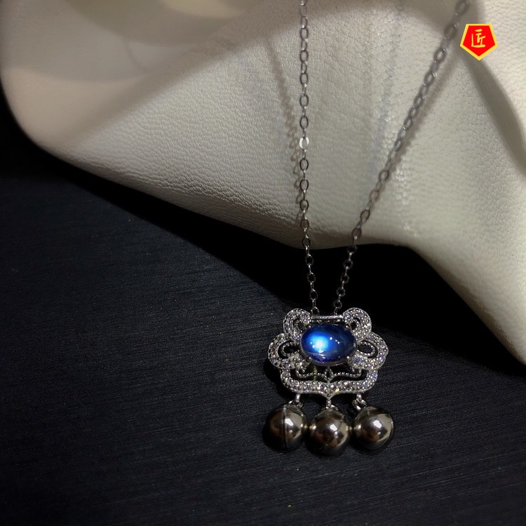 [Ready Stock]925 Silver Lock Wealth Lock Safe Little Bell Shape Pendant Blue Moonstone Necklace