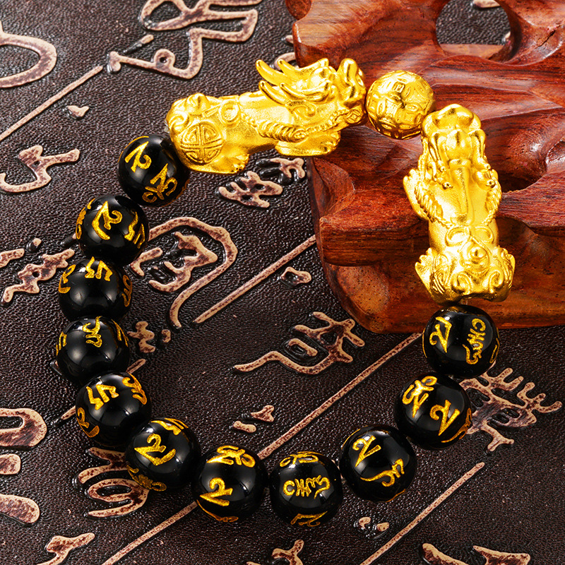 Gelang Manik-Manik Batu Akik Obsidian Warna Emas Untuk Pria