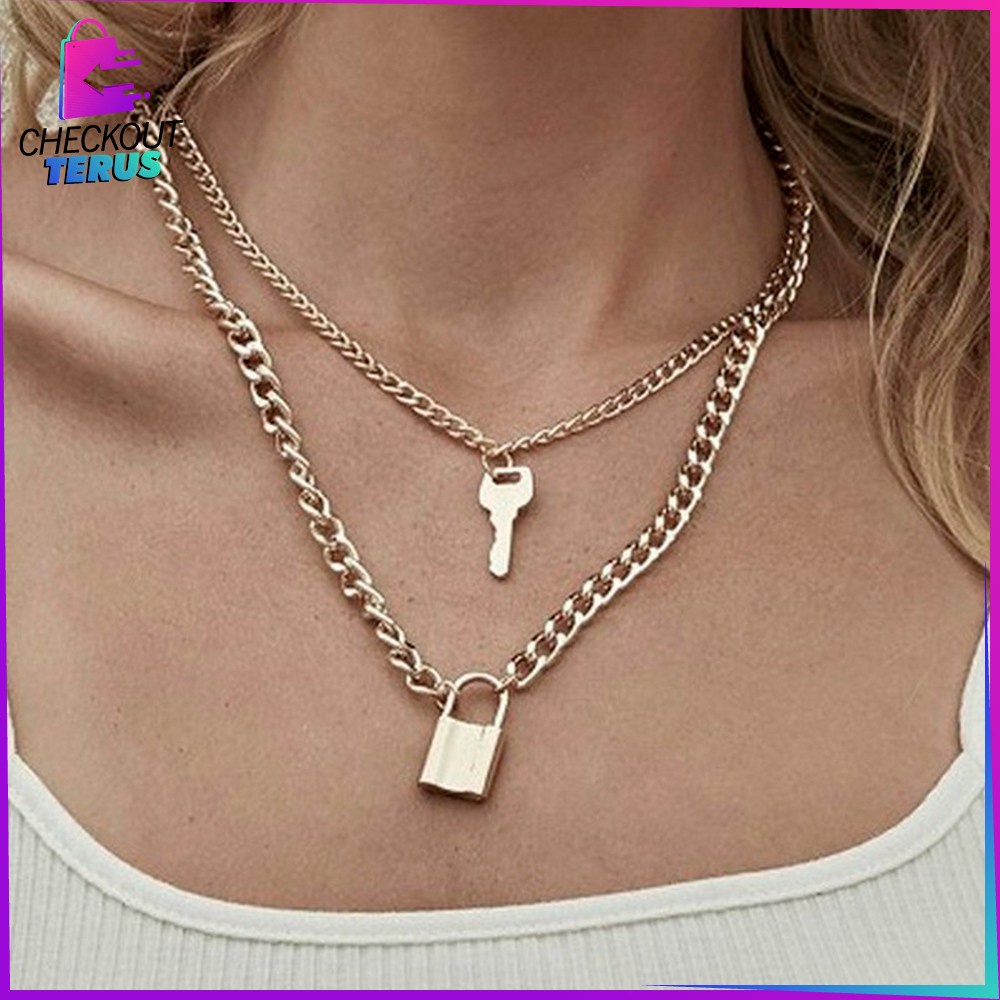 CT K57 K58 Korean Fashion Kalung Gembok Kunci Lock Key Wanita Pria Retro Kalung Rantai Wanita Lapis Emas Liontin Simple Unik