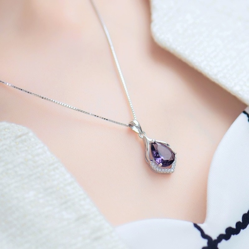 [Ready Stock]Fashion Plated 925 Silver Necklace Amethyst Pendant