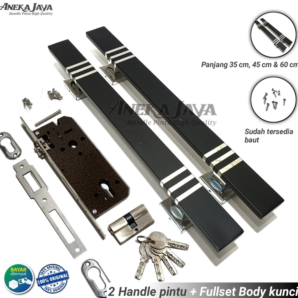 Handle set kunci panjang 35 cm 45 cm &amp; 60 cm warna hitam Gagang pintu rumah Tarikan pintu rumah