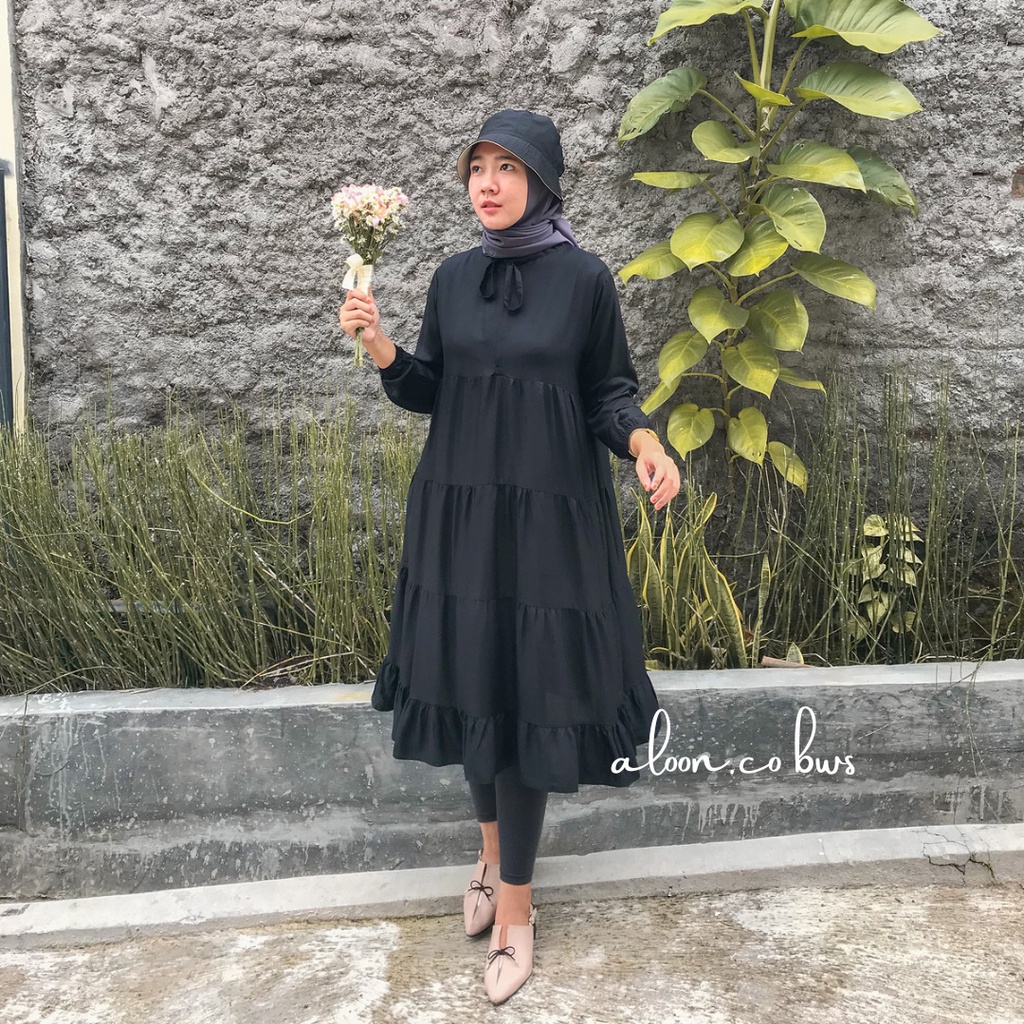 Tunik Midi Dress Wanita Rempel Susun Rayon Premium - Midi Dress Terbaru - Dress Lengan Panjang Busui Friendly