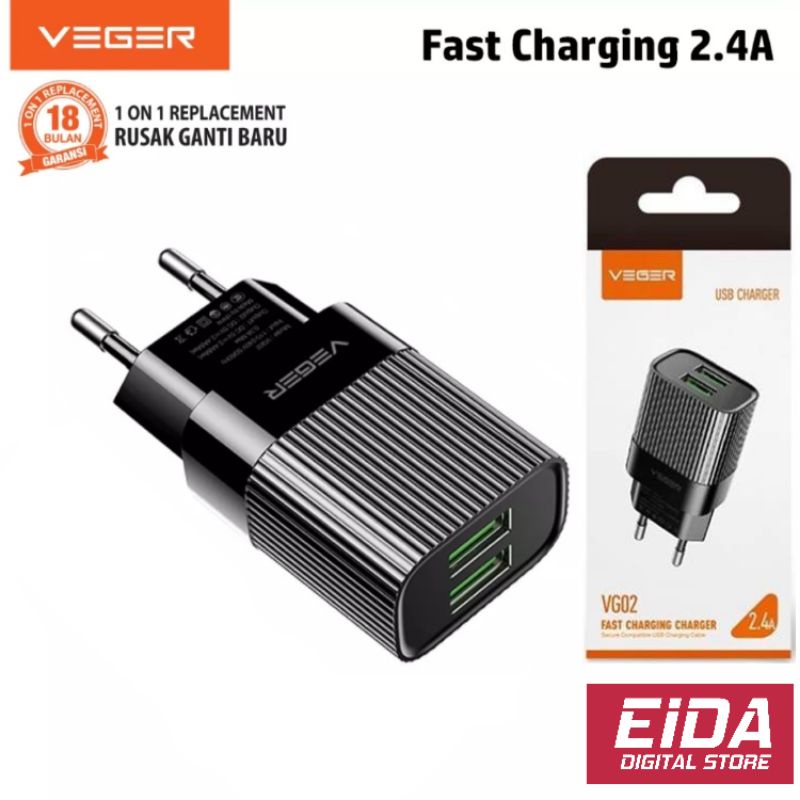 Kepala Charger Veger VG02 Dual Port USB Output 2.4A Wall Charger