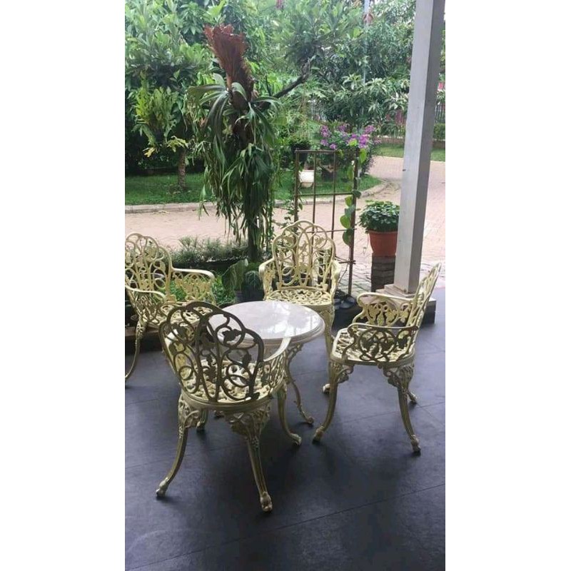 Meja Kursi Teras Marmer 60 cm Besi Ukir