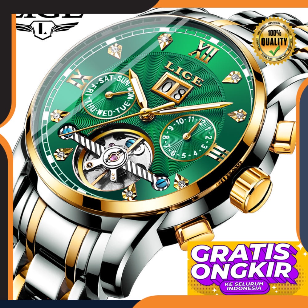 Jam Tangan Pria Sporty LIGE Hour Automatic Hand Man, Arloji Tourbillon Mechanical Stainless Steel
