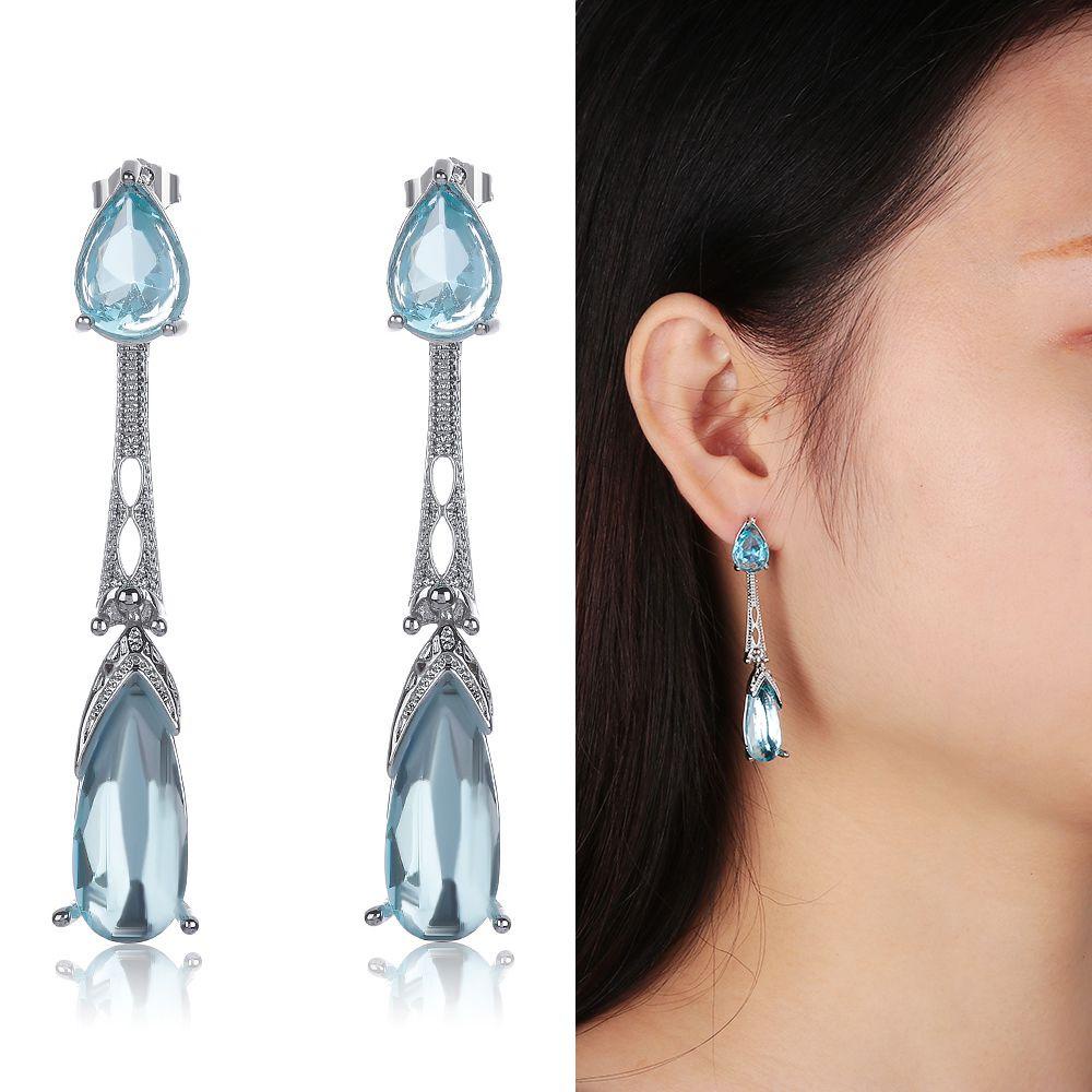 Anting LILY Aquamarine Hadiah Anniversary Perhiasan Pernikahan Giwang Telinga Kristal