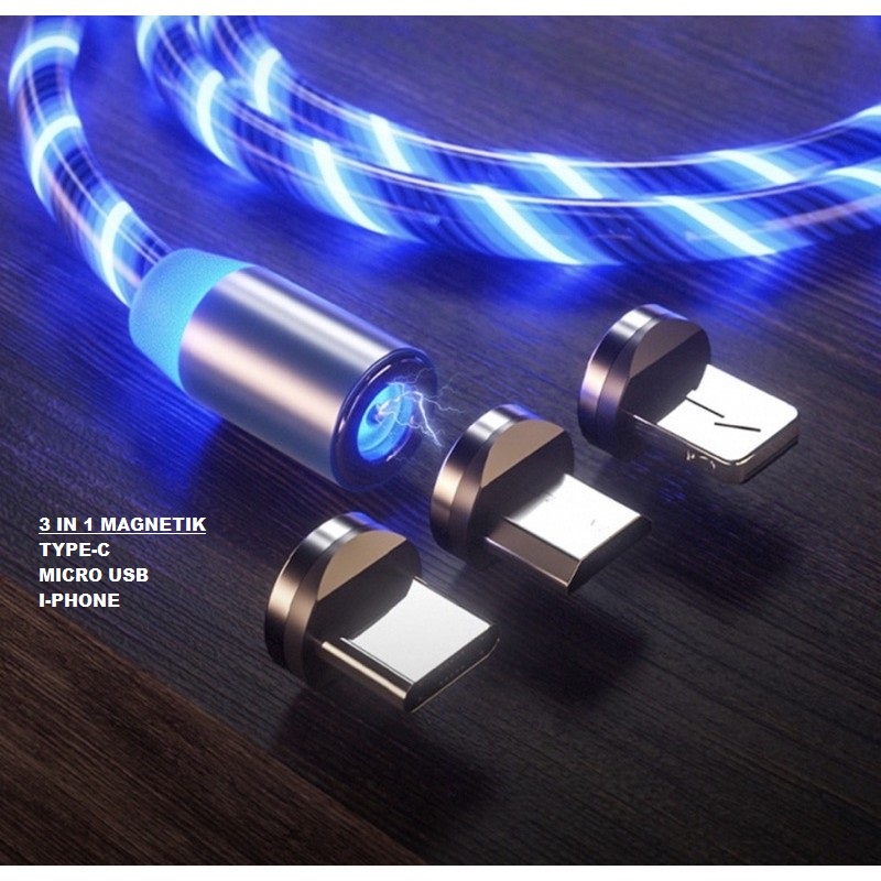 NEW!! KABEL DATA MAGNETIC 3 IN 1 LED CABLE FAST CHARGING - KABEL CAS HP MAGNET NYALA - Iphone - Micro Usb - Type C