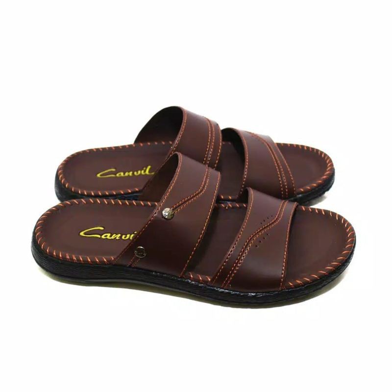BELI 1 GRATIS 1 / Sandal Kulit / Sandal Pria / Sandal Slide / Sandal Casual Pria/ Sandal Slop AM-04-Coklat
