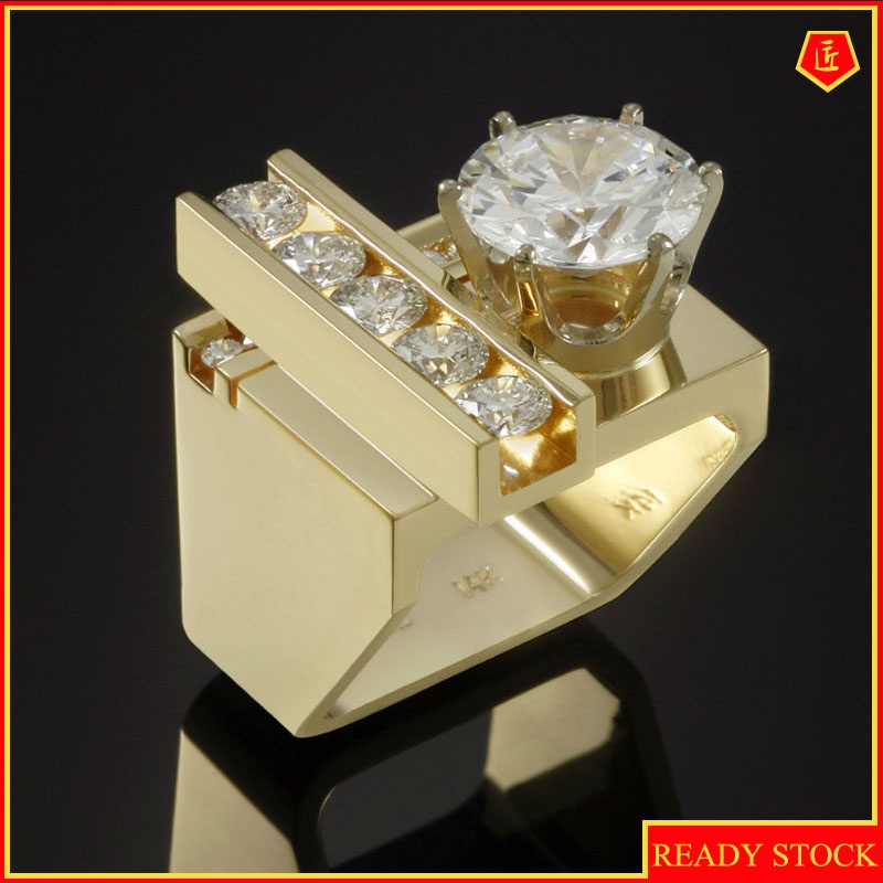 [Ready Stock]Creative Geometric Gold Inlaid Diamond Square Ring