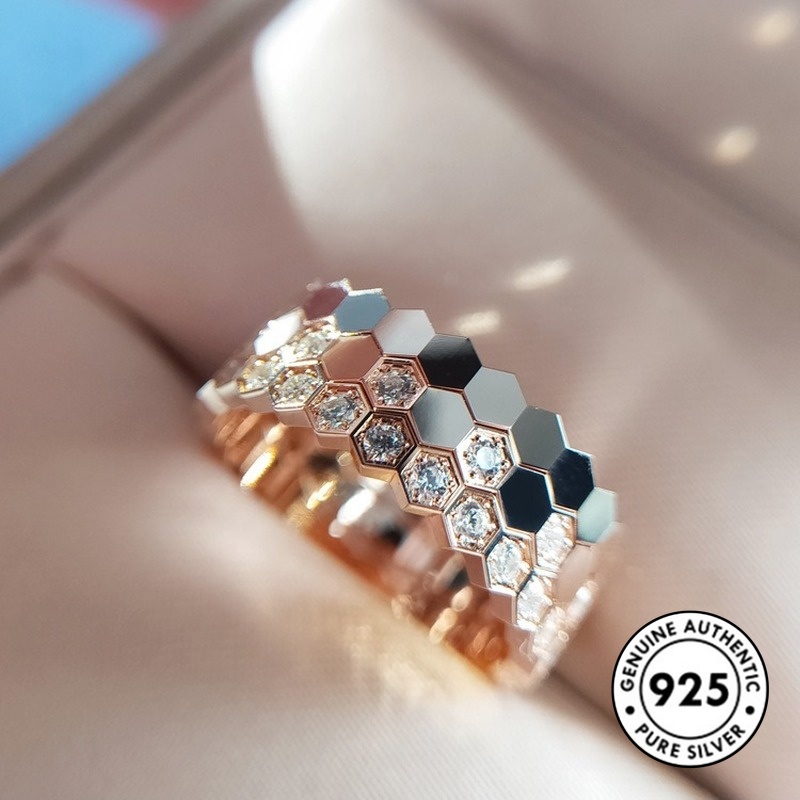 Cincin Sterling Silver 925 Model Sarang Lebah Warna Rose Gold Untuk Wanita