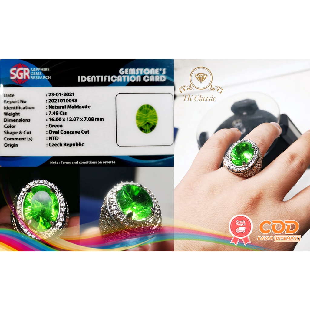 NATURAL BATU PERMATA MOLDAVITE REP CHEZKA METEOR CLEAN INCLUDE MEMO SGR GEMS LAB STERLING