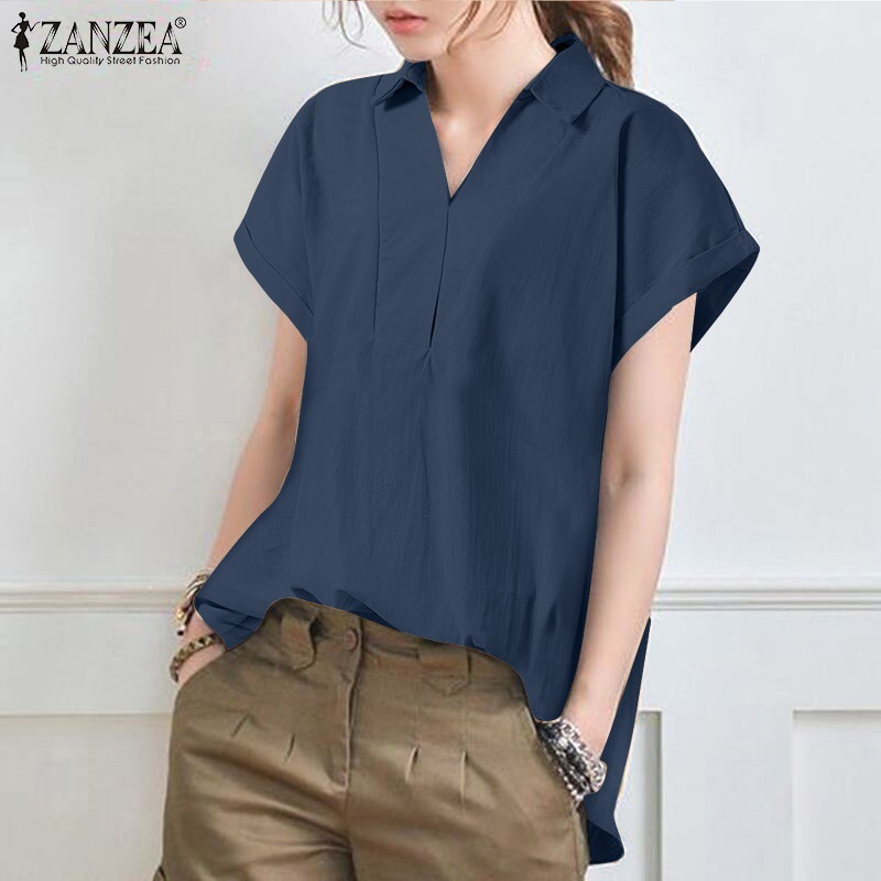 ZANZEA Women Summer Short Sleeve Plus Size Cotton Blouse Solid Color Shirts