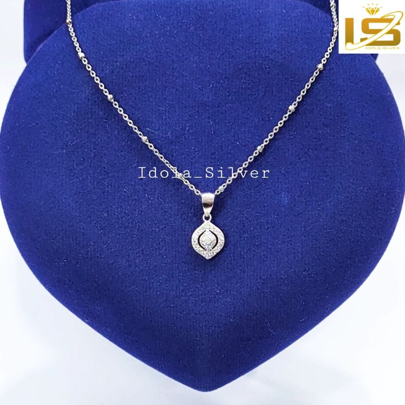 KALUNG PERAK ASLI SILVER WANITA 925 LAPIS EMAS PUTIH MODEL LIONTIN OVAL PERMATA+BULAT PERMATA - PERHIASAN PERAK WANITA ASLI