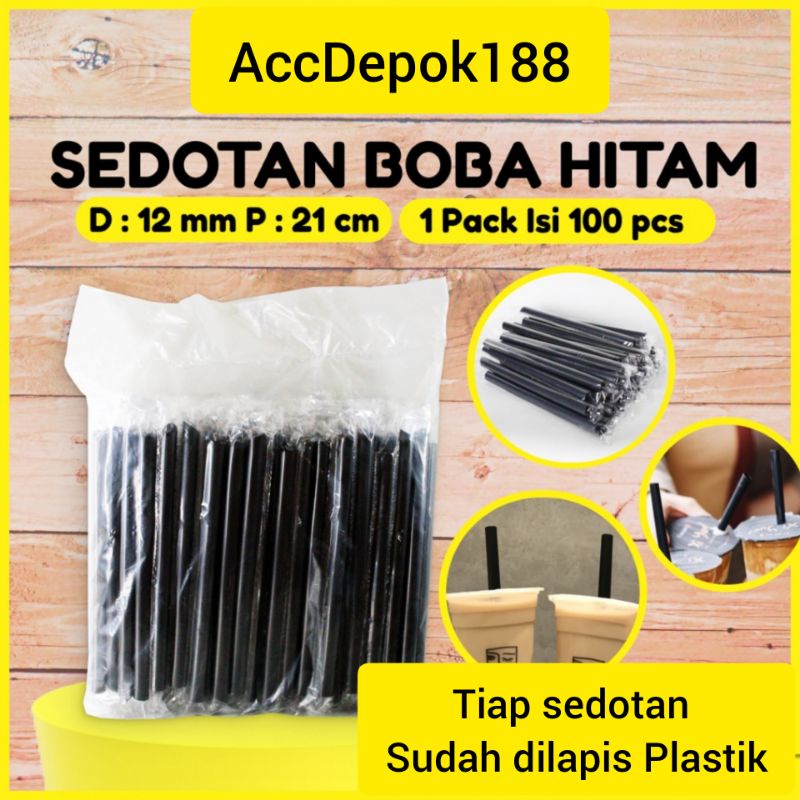 SEDOTAN BOBA HITAM / SEDOTAN BUBBLE STERIL / TIAP SEDOTAN DILAPIS PLASTIK 12MM 21CM ISI 100PCS