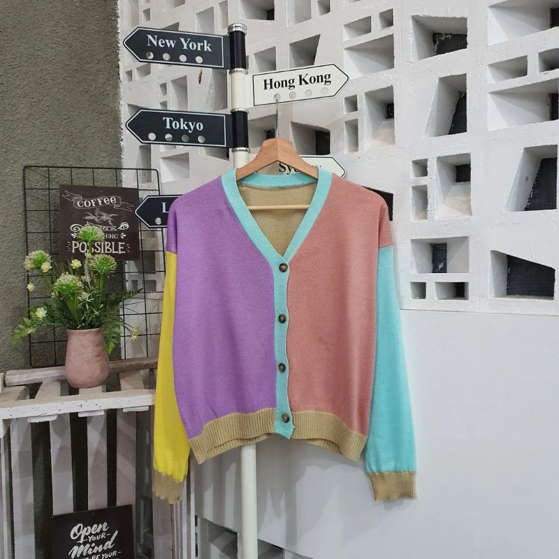 rajut retro rainbow cardigan