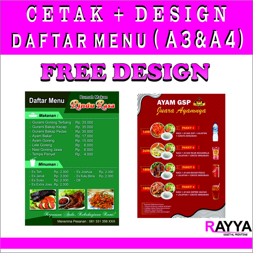

CETAK DAFTAR MENU MAKANAN | MINUMAN | LIST MENU | FREE DESIGN | RAYYA