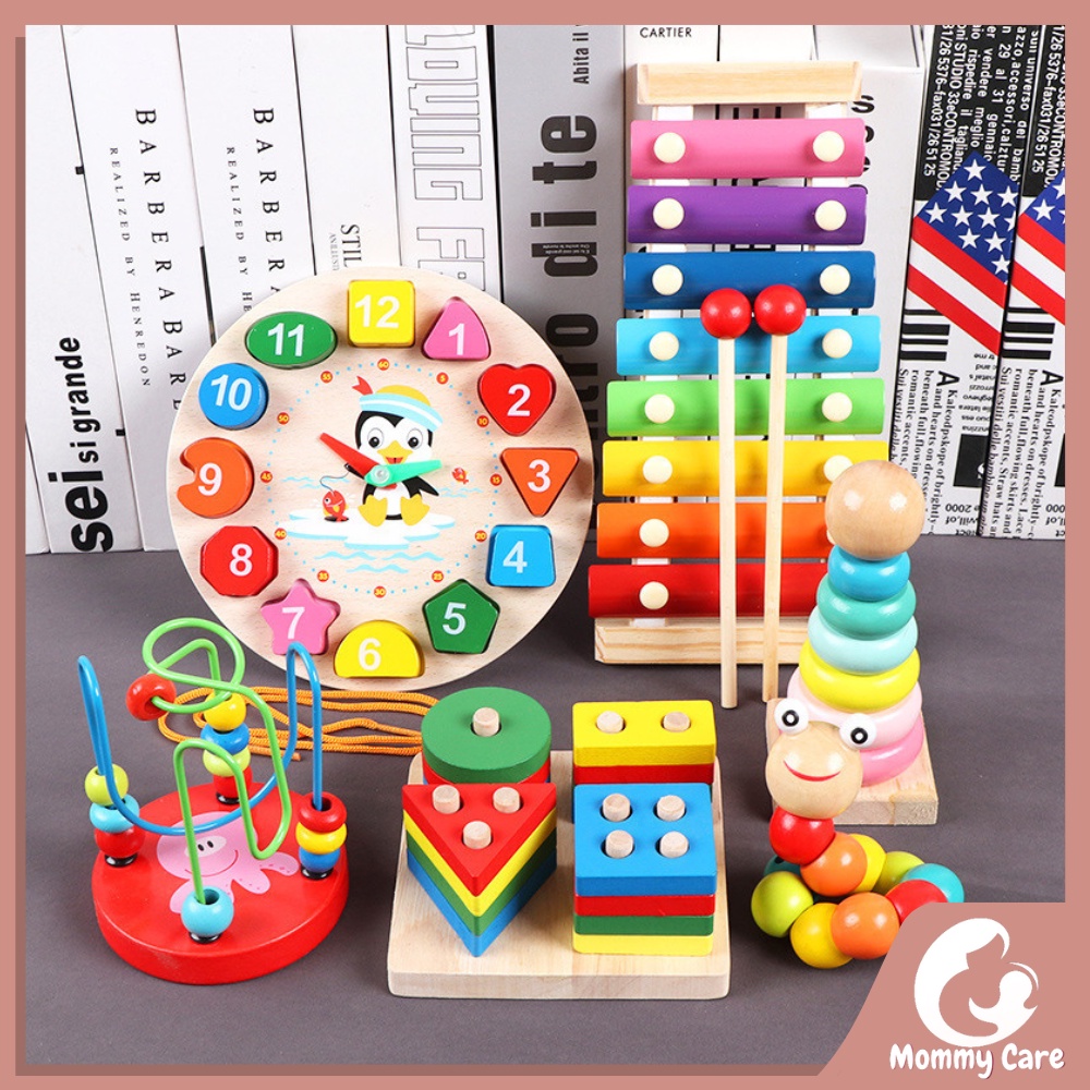 MOMMYCARE MAINAN EDUKASI ANAK BASIC SHAPE KAYU BALOK GEOMETRI PUZZLE 3D MONTESSORI SENSORY XYLOPHONE JAM ANGKA