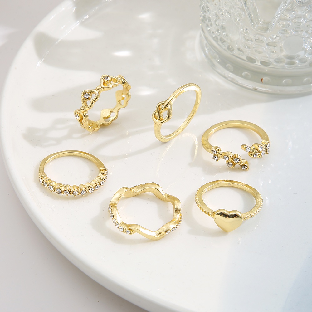 YEEZII 6pcs / Set Cincin Model Terbuka Adjustable Desain Hati Asimetris Hias Kristal Gaya Retro Untuk Wanita