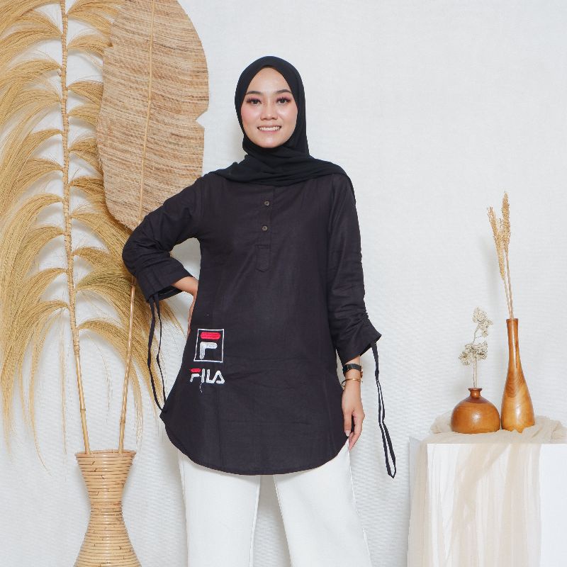 Tunik dress katun linen polos Hitam Tangan Serut