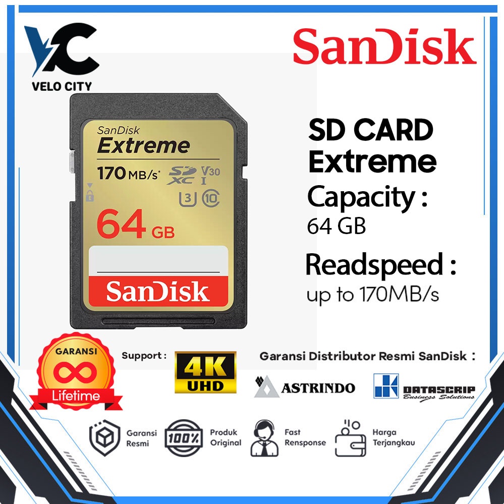 SD Card SanDisk Extreme 64GB SDHC UHS-I 4K U3 up to 170Mbps Original