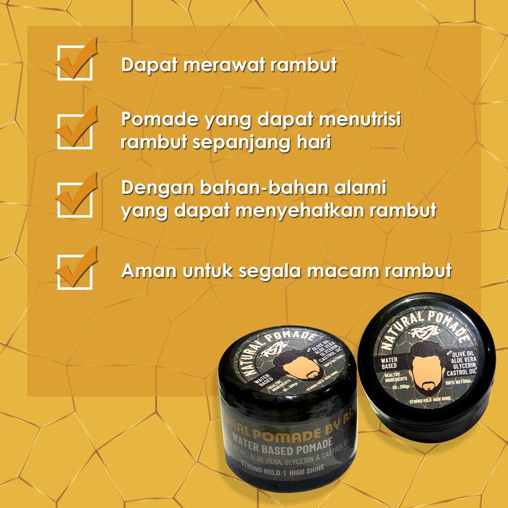 Pomade Alami dari RS31 isi 200 gr  water based pomade untuk tampilan klimis berkilau sepanjang hari.