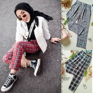  Celana  tartan  motif kotak kotak bahan gabardin celana  