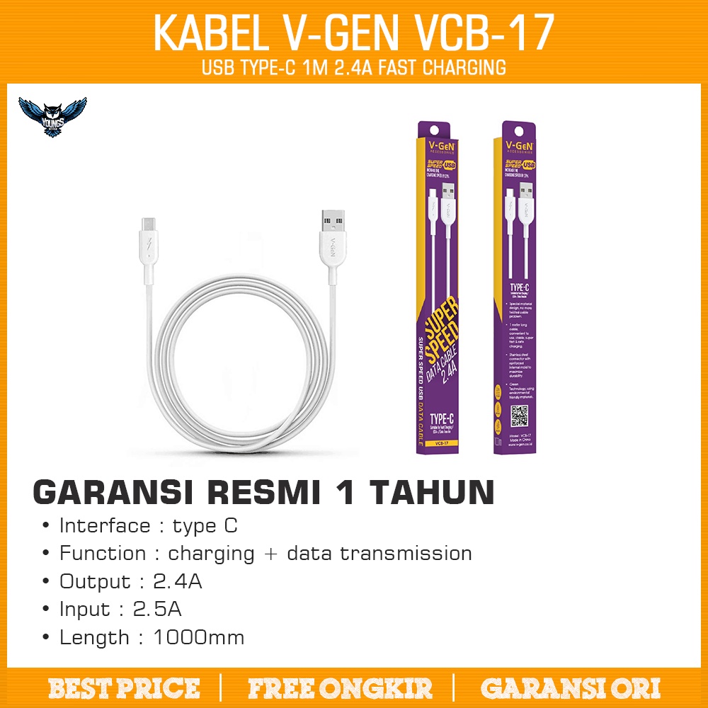 Kabel Data USB Type C V-GeN VCB-17 Fast Charging Kabel VGEN 1 Meter 1m