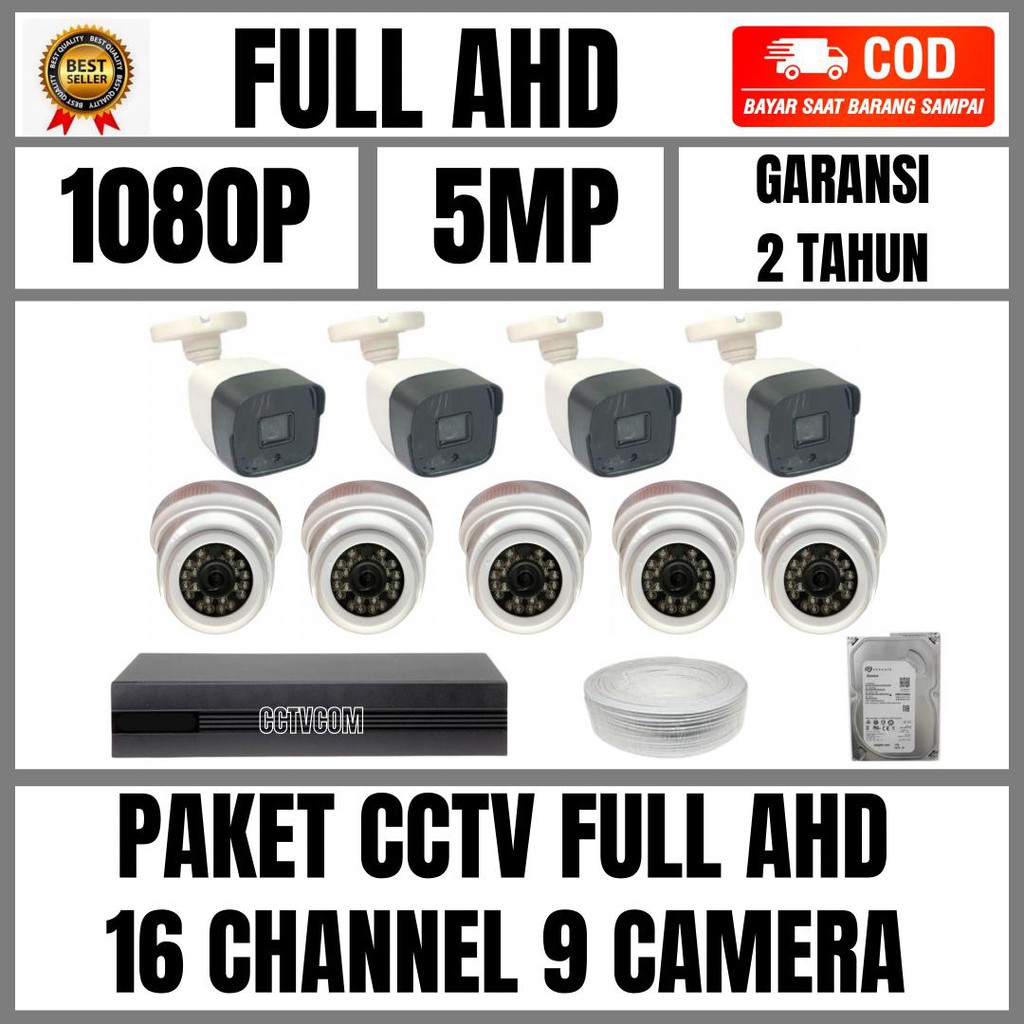 PAKET CCTV FULL AHD 16 CHANNEL 9 KAMERA 5MP IR SONY 1080P KOMPLIT TINGGAL PASANG *