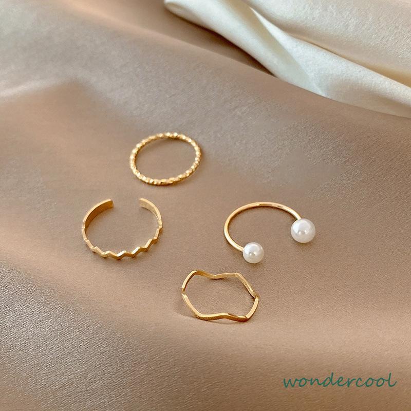 4 Pcs/set Korea Cincin Emas Untuk Wanita Sederhana Mutiara Elegan Cincin Set Dapat Disesuaikan Terbuka Perhiasan Hadiah-Won