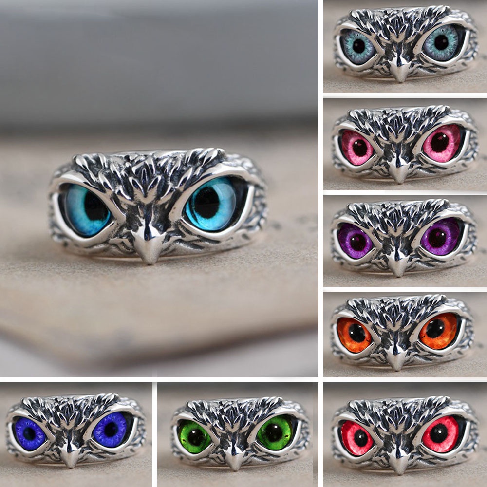 Cincin Silver Sterling 925 Gaya Vintage Motif Burung Hantu Aksen Kristal 8 Warna Untuk Perhiasan Pria / Wanita