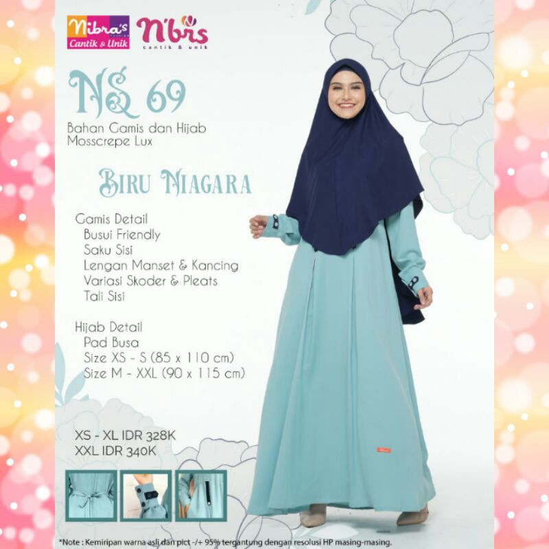 Gamis Syari Nibras NS 069 Warna Biru Niagara Baju Sarimbit Couple Keluarga Seragaman Setelan Khimar