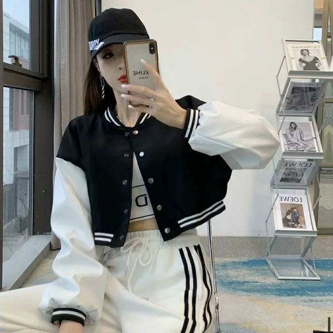 Crop Base Ball Jacket OOTD Remaja Wanita Korean Style Fleece Tebal Terbaru | Baju Atasan Wanita Terb