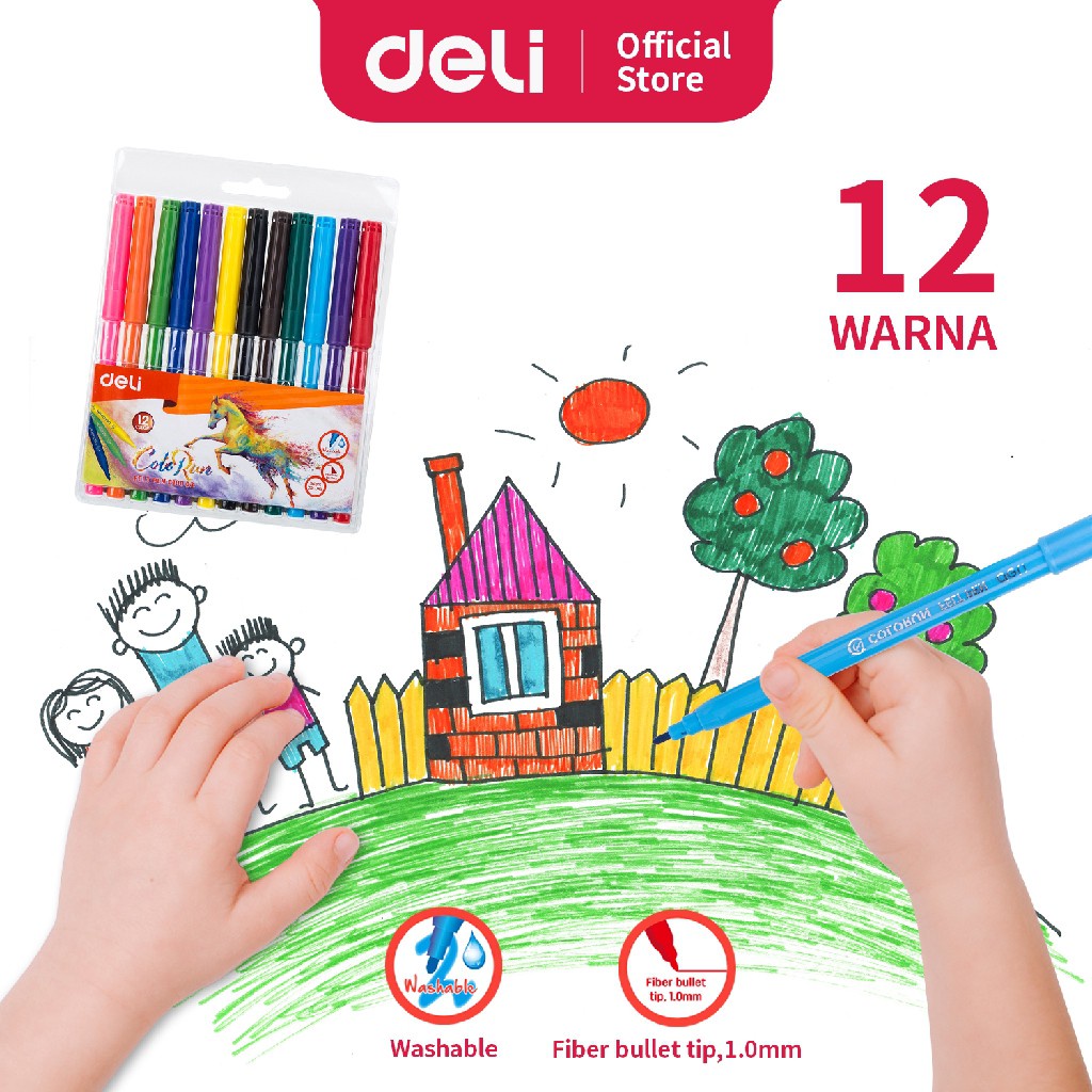 

Deli Spidol Warna - Felt Pen Dapat Dicuci 1.0 mm 12 Warna EC10003