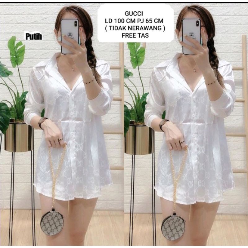 Kemeja wanita satin tangan panjang impor printing DR LV GC CH free tas rantai As6631-3