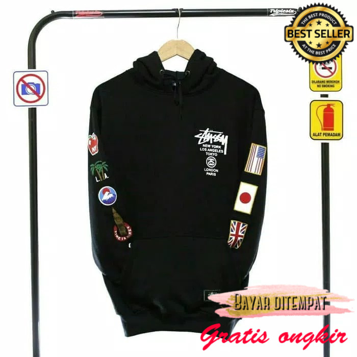 m l abg korea jaket  cod jaket sweater stussy Brooklyn putih premium/hoodie pria murah - Hitam, L xl