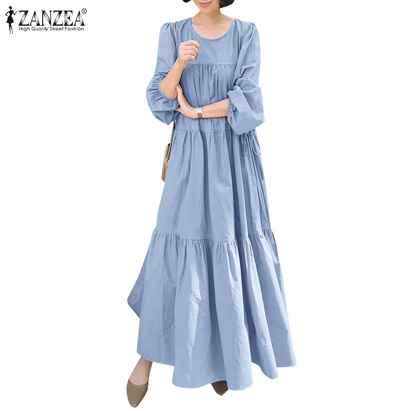 ZANZEA Women Korean Style Fashion Long Sleeve O-Neck Loose Ruffled Hem Maxi Dresses